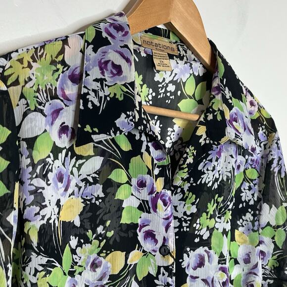 Sheer Floral Roses Print Top Purple Womens 2X Flare Sleeve Cottagecore - Picture 2 of 7